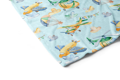 Airplanes and Helicopters Minky Blanket, Airplane Nursery Bedding Ref1 - Sky Dreams