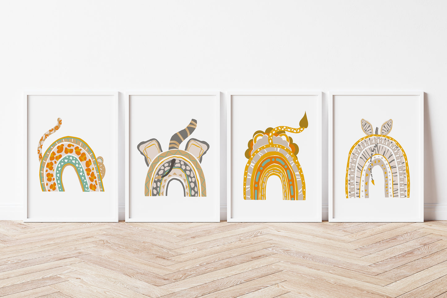 Rainbow Safari Wall Art, Jungle Nursery Prints Set of 4