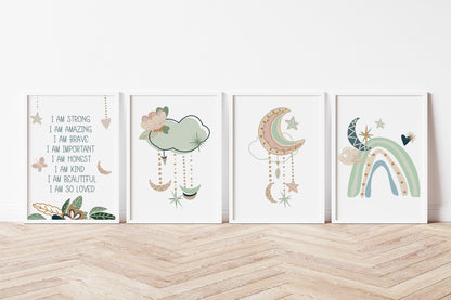 Positive Affirmations Wall Art, Boho Nursery Prints Set of 4