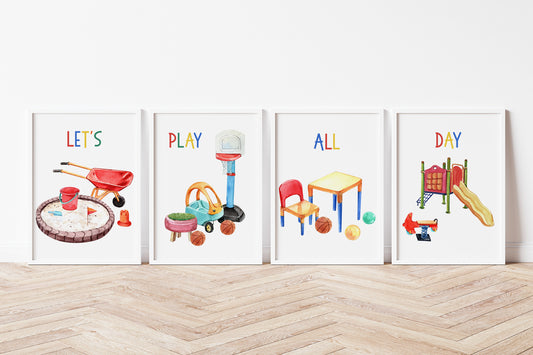 Let's play all day Wall Art, Playroom Nursery Prints Set of 4