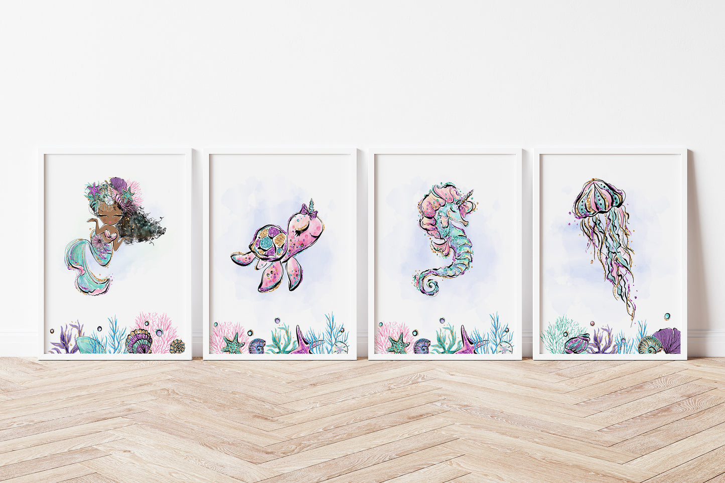 Mermaid Nursery Prints, Under The Sea Wall Art Set of 4 - Mermaid World