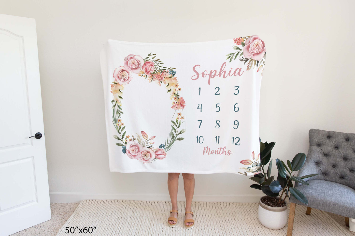 Personalized Pink Floral Minky Blanket, Watercolor Roses Milestone Blanklet - Candy Rose