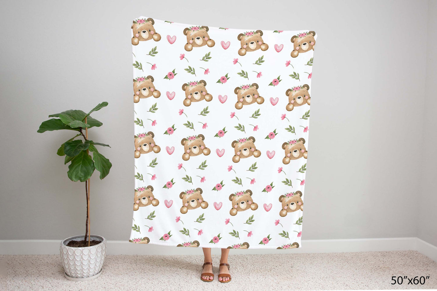 Floral Bear Minky Blanket - Girl Bear Nursery Bedding - Beary Pink