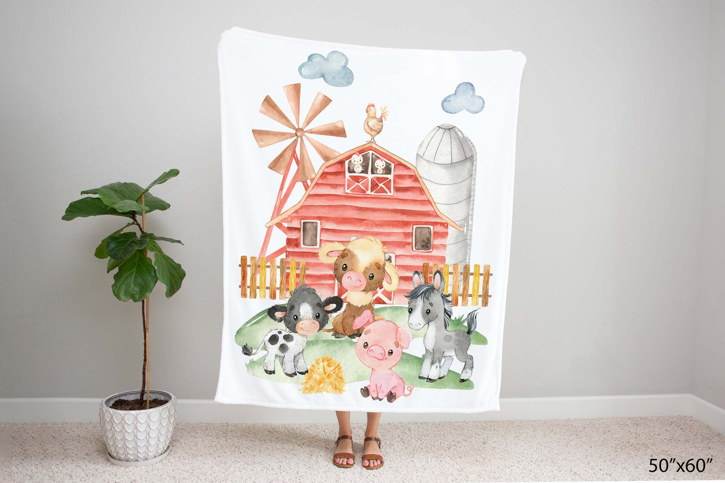 Farm animals baby blanket, Barnyard nursery bedding - Farm babies