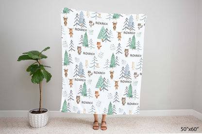 Woodland animals Personalized Minky Blanket, Forest Nursery Bedding - Scandi Woodland