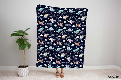 Airplanes Personalized Minky Blanket, Aviator Nursery Bedding - Night Flight