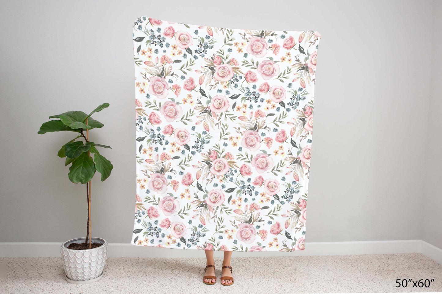 Blush Pink Roses Minky Blanket, Watercolor Floral Bedding Girls - Candy Rose