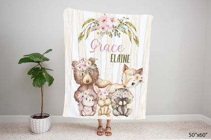 Girl woodland Personalized Minky Blanket, Forest animals Nursery Bedding - Forest Friends