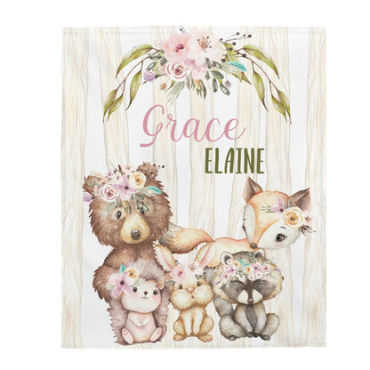 Girl woodland Personalized Minky Blanket, Forest animals Nursery Bedding - Forest Friends