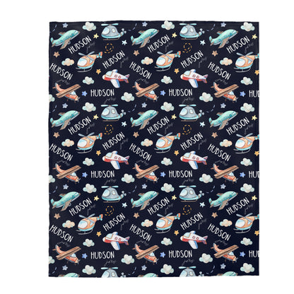 Airplanes Personalized Minky Blanket, Aviator Nursery Bedding - Night Flight