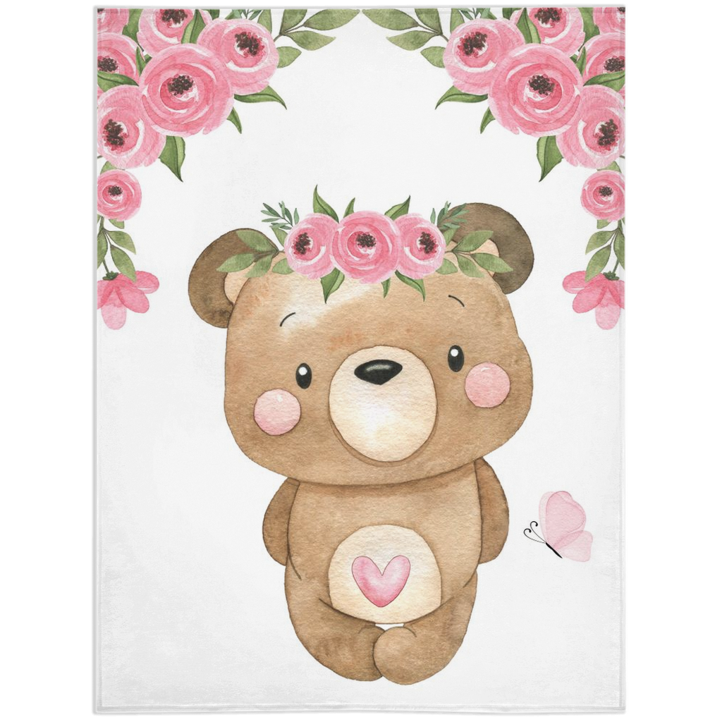 Floral Bear Minky Blanket - Girl Bear Nursery Bedding - Beary Pink