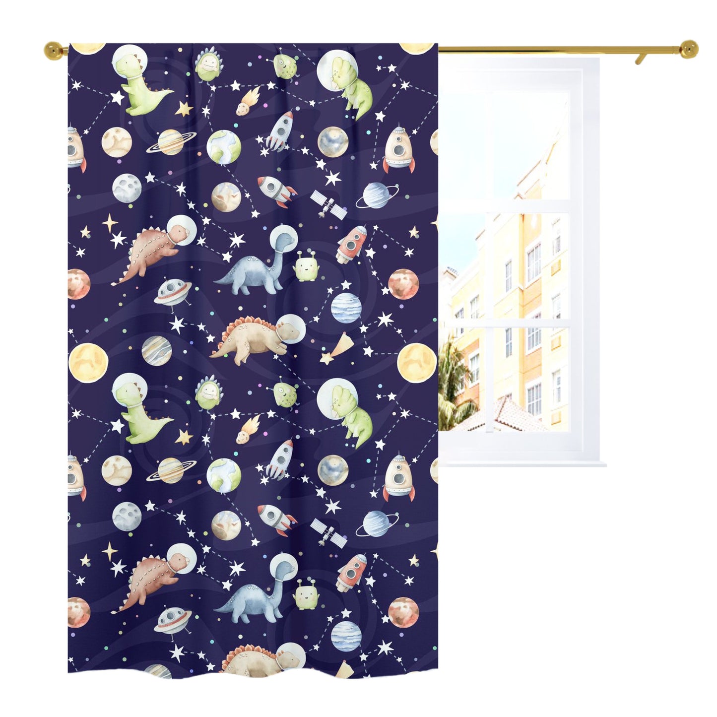 Dinosaur Space Curtain Single Panel, Space Nursery Decor