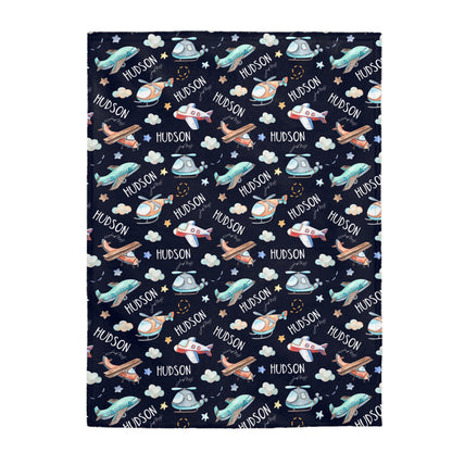 Airplanes Personalized Minky Blanket, Aviator Nursery Bedding - Night Flight