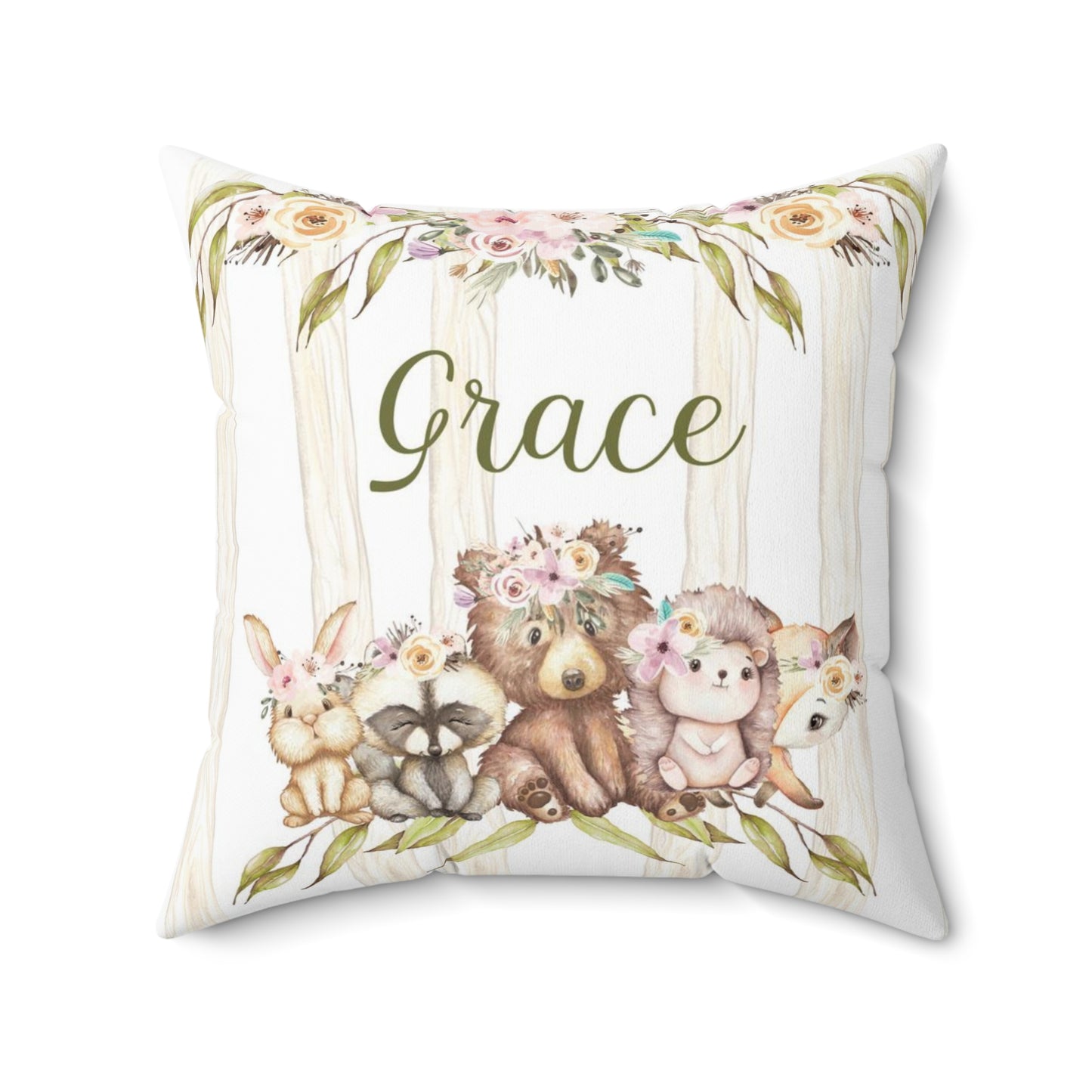 Floral Woodland Personalized Pillow, Woodland Nursery Decor - Forest Friends