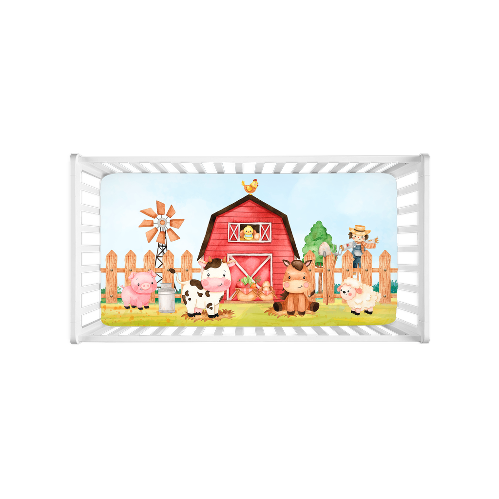 Barn and Farm Animals Minky Crib Sheet, Barnyard Nursery Bedding - Morgan's Farm