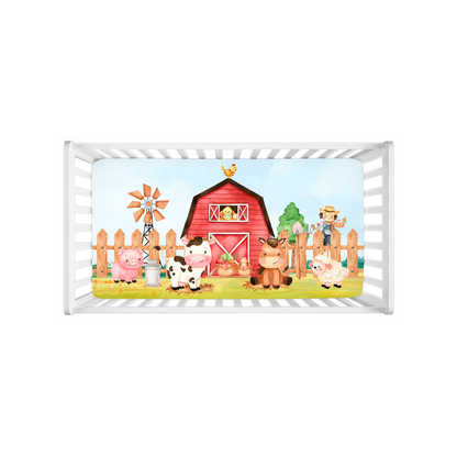 Barn and Farm Animals Minky Crib Sheet, Barnyard Nursery Bedding - Morgan's Farm