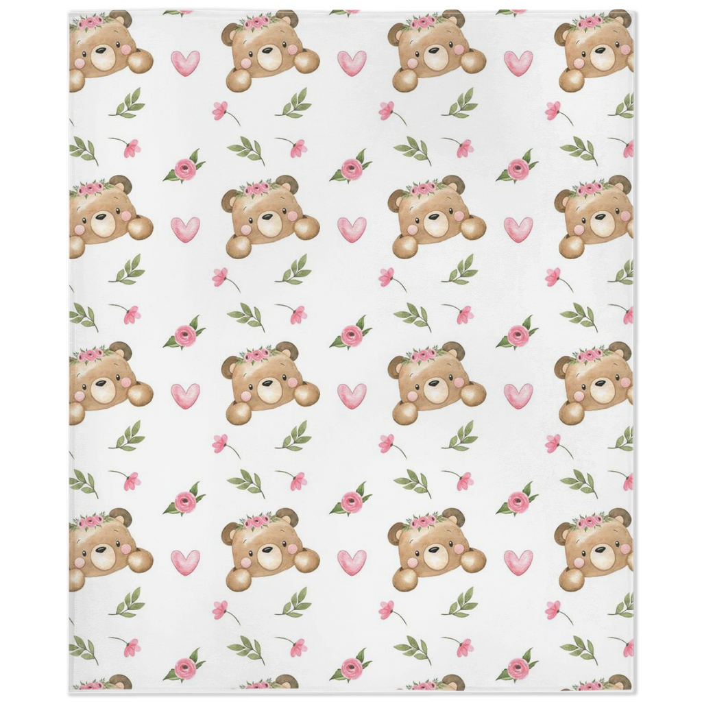 Floral Bear Minky Blanket - Girl Bear Nursery Bedding - Beary Pink