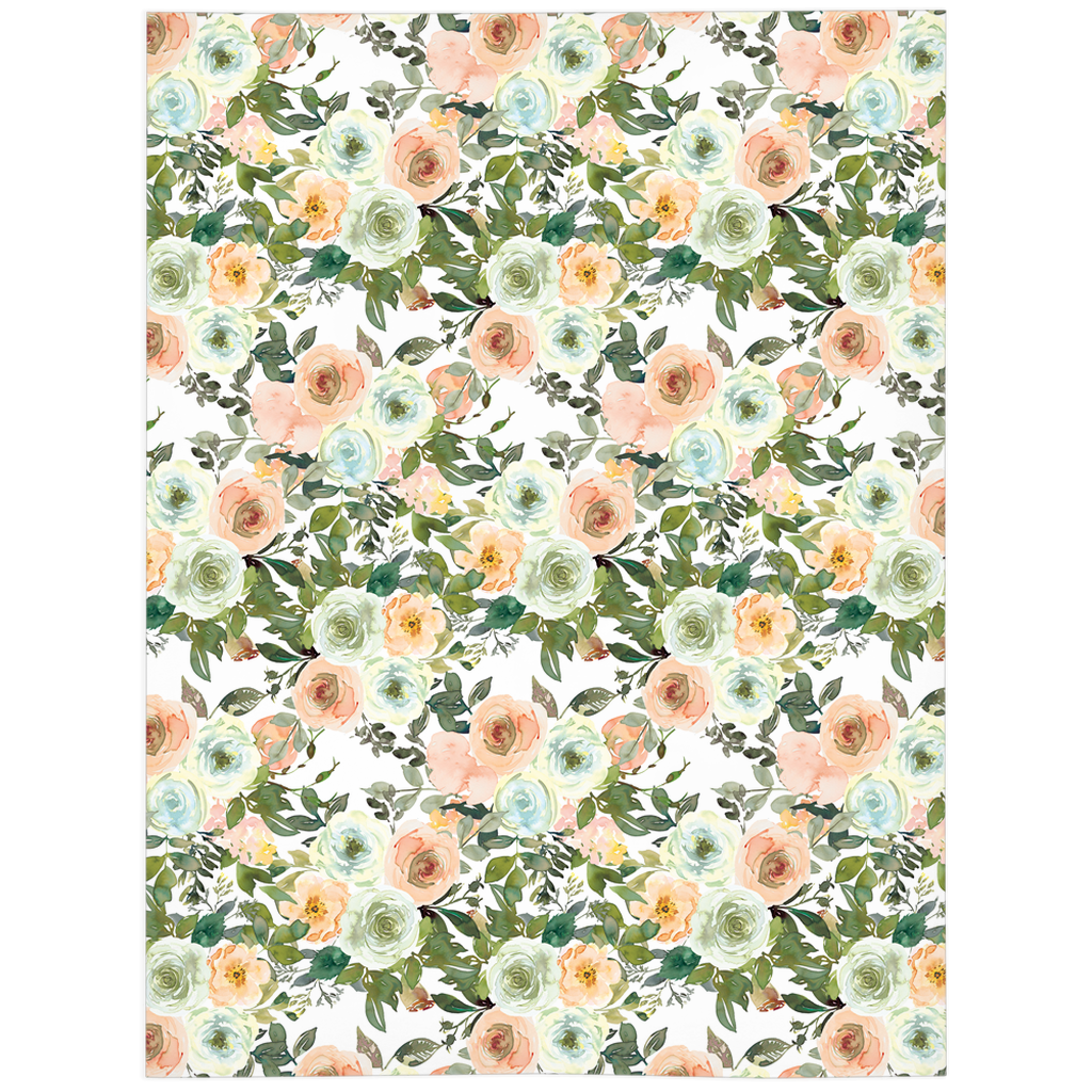 Floral Minky Blanket, Girl Bedding - Peach Mint Garden