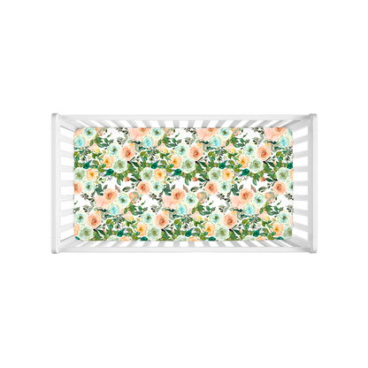 Floral Minky Crib Sheet, Baby Girl Nursery Bedding - Peach Mint Garden