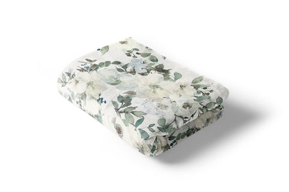 White Floral Minky Blanket, Girl Bedding - Ivory Florals