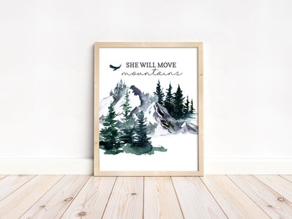 She will move Mountaians, PRINTABLE Forest Wall Art, Woodland Nursery Print