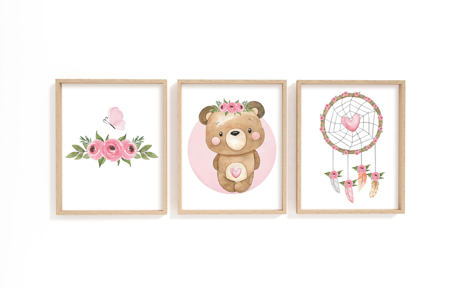 Floral Bear Wall Art, Girl Bear Nursery Prints set of 3 - Beary Pink