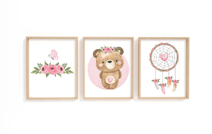 Floral Bear Wall Art, Girl Bear Nursery Prints set of 3 - Beary Pink