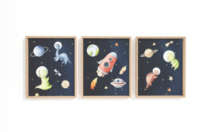 Space Wall Art, Dinosaur Nursery Prints set of 3