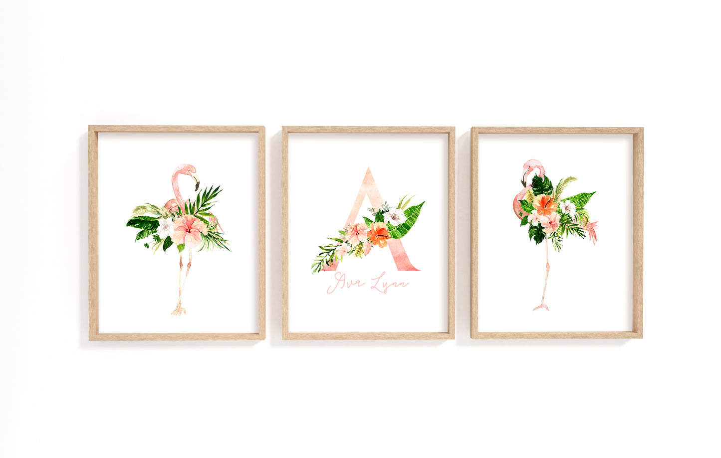 Personalized Flamingo Wall Art, Girl Nursery Decor - Set of 3 Unframed Prints