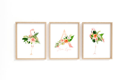 Personalized Flamingo Wall Art, Girl Nursery Decor - Set of 3 Unframed Prints