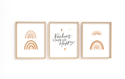 Set of 3 PRINTABLE Rainbow Wall Art, Rainbows make me happy Nursery Prints - Earthy Rainbow