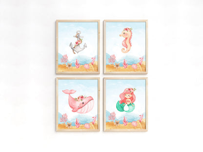 Mermaid Wall Art, Girl Under The Sea Nursery Prints - Set of 4