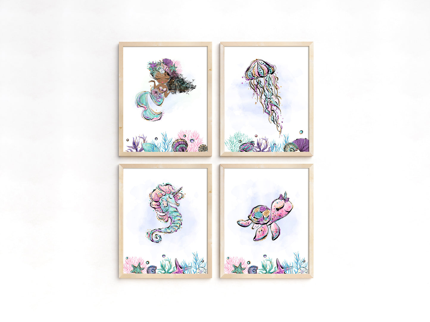 Mermaid Nursery Prints, Under The Sea Wall Art Set of 4 - Mermaid World