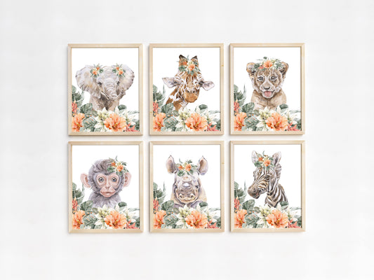 Girl Floral Safari Wall Art, Jungle Nursery Prints Set of 6