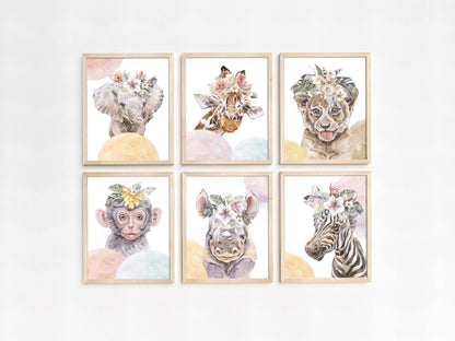 Girl Safari Wall Art, Jungle Nursery Prints Set of 6