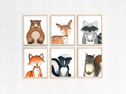 Woodland Wall Art, Forest Animals Nursery Prints - Set of 6 - Greenery Woodland