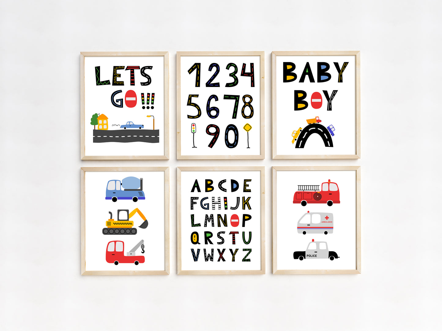 Transportation ABC and Numbers Wall Art, Trucks Nursery Prints - Set of 6