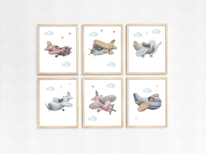 Airplanes Wall Art, Aviation Nursery Prints Set of 6 - Little Aviator