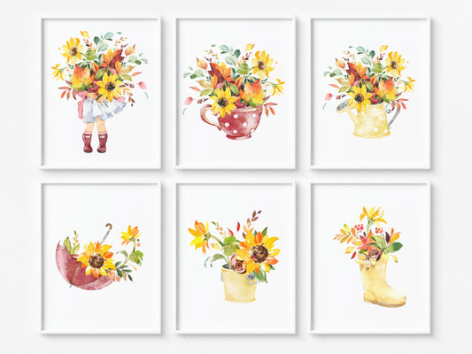 Sunflower Wall Art, Floral Nursery Prints Set of 6