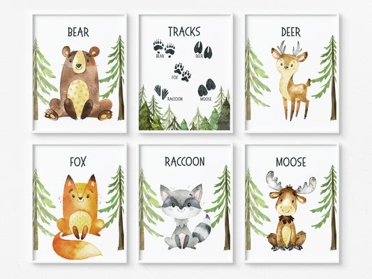 Animals Tracks Nursery Wall Art, Woodland Nursery Prints Set of 6