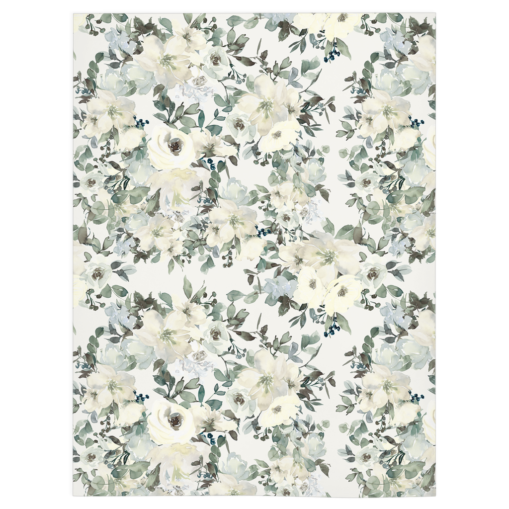 White Floral Minky Blanket, Girl Bedding - Ivory Florals