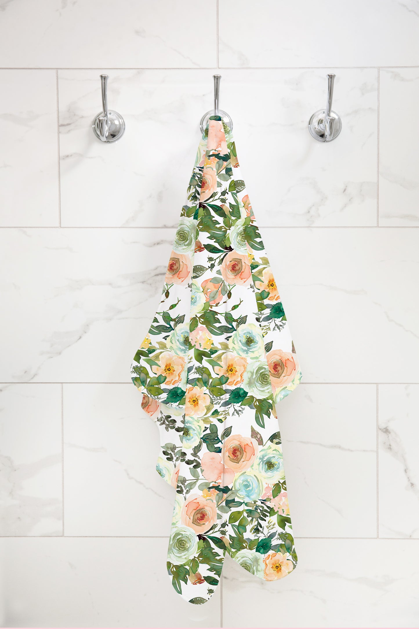 Floral Hooded Baby Towel, Baby Girl Bathroom Towel - Peach Mint Garden