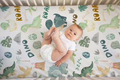 Dinosaur Crib Sheet, Dino Nursery Bedding- Prehistoric Friends