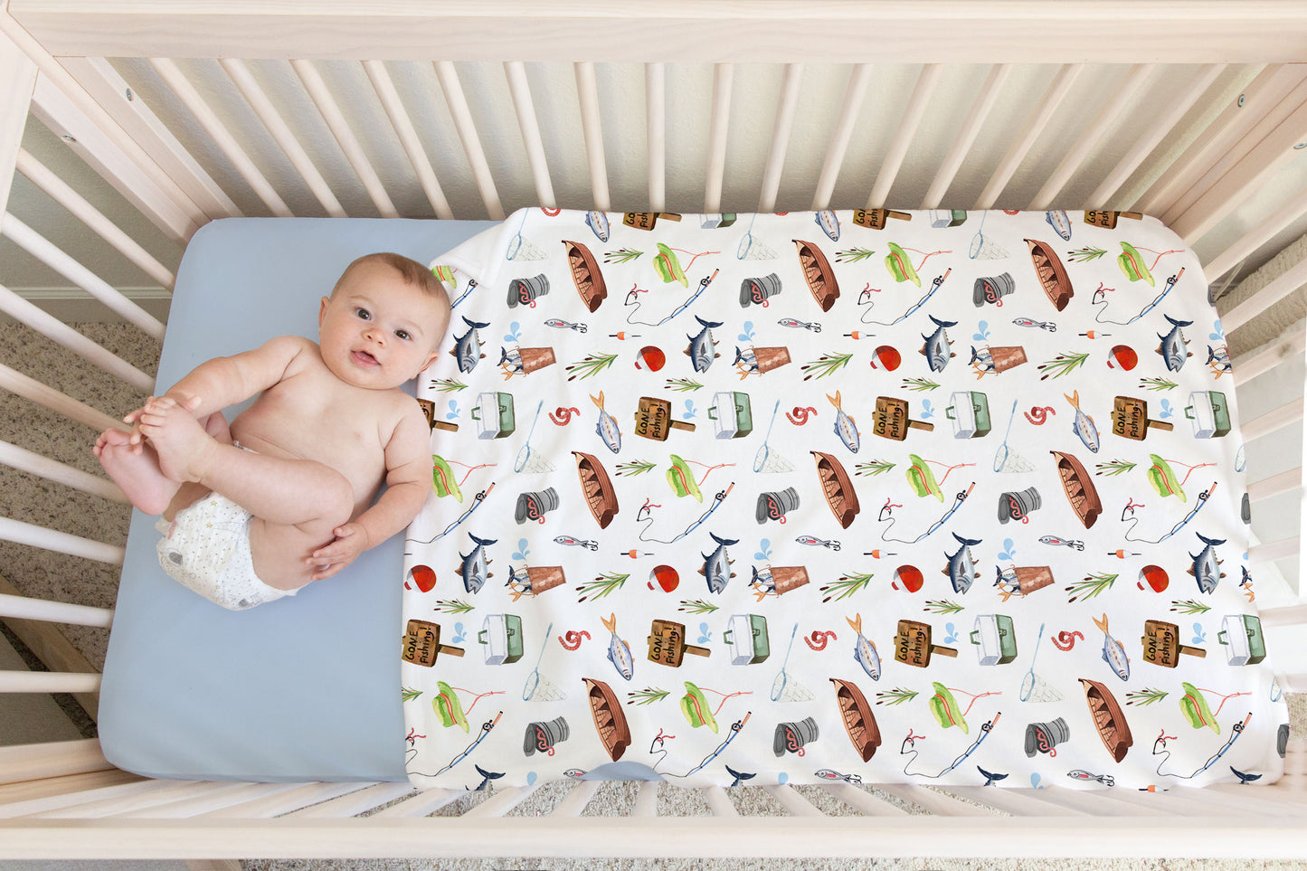 Fishing baby blanket, Fishing nursery bedding - Little Fisherman