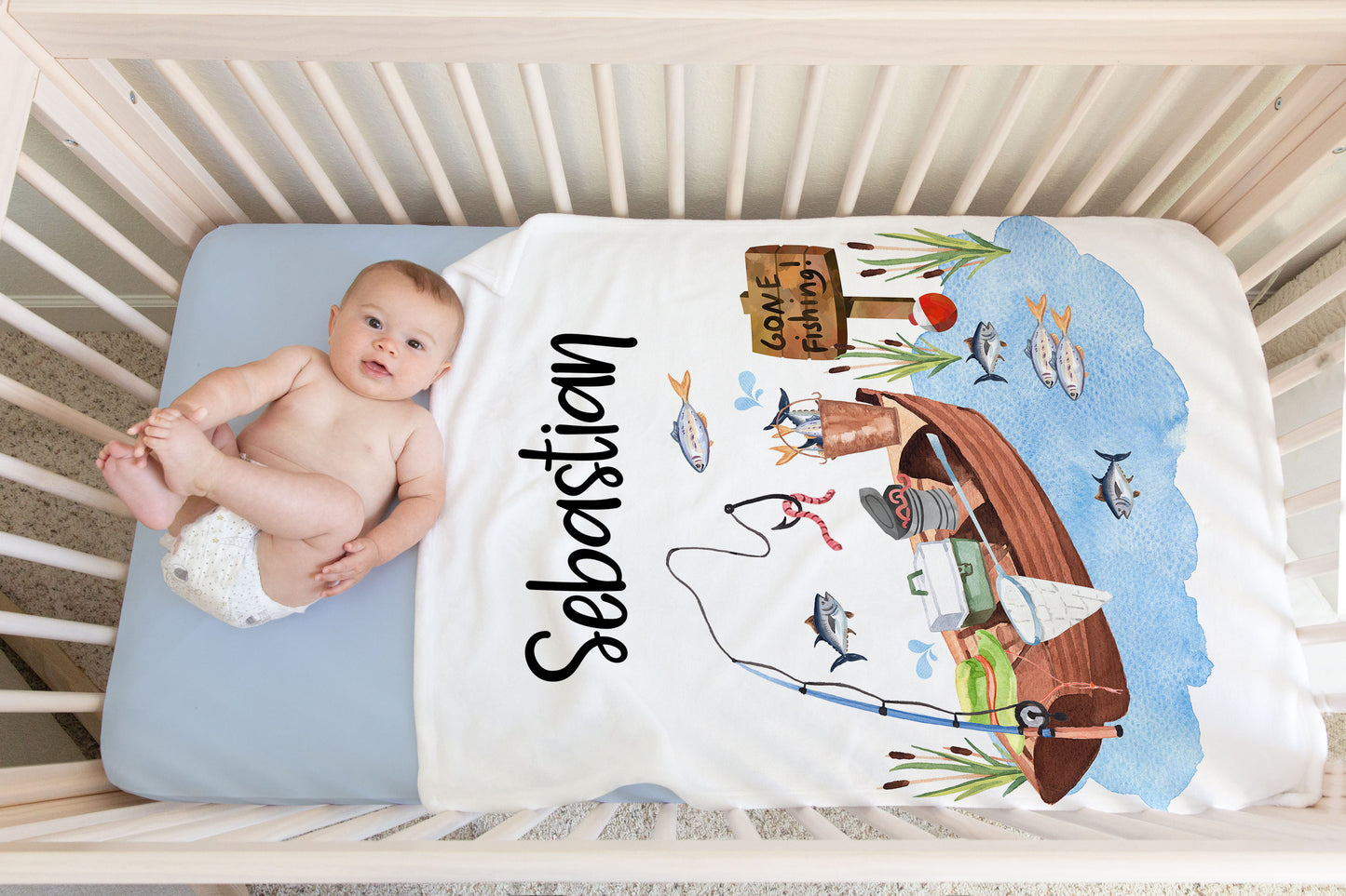 Fishing Personalized Minky Blanket, Gone fishing Nursery Bedding - Little Fisherman