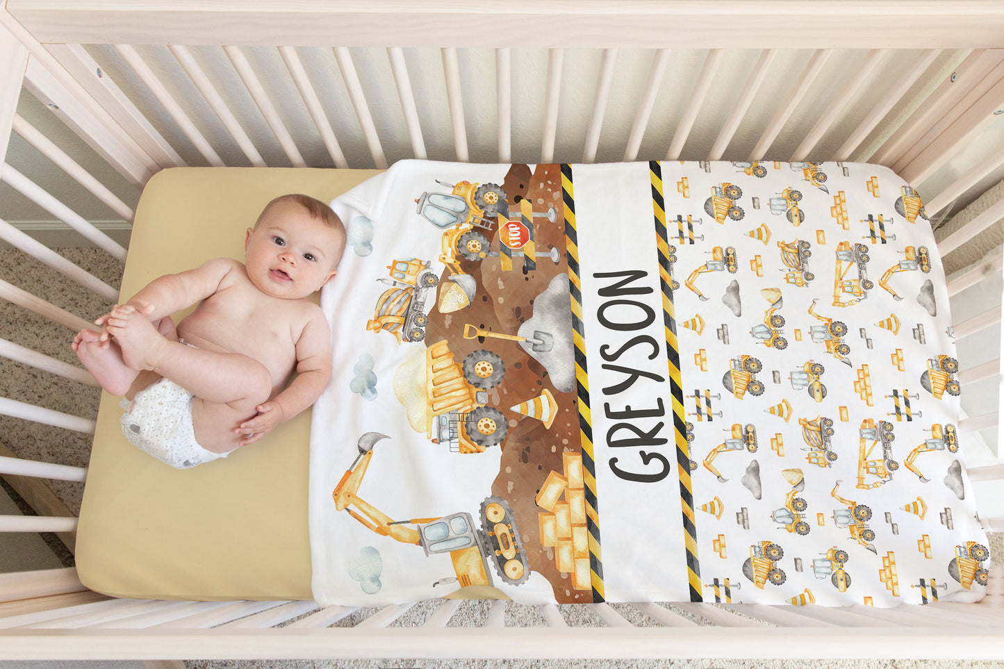 Construction Personalized Minky Blanket, Construction Nursery Bedding - Under construction