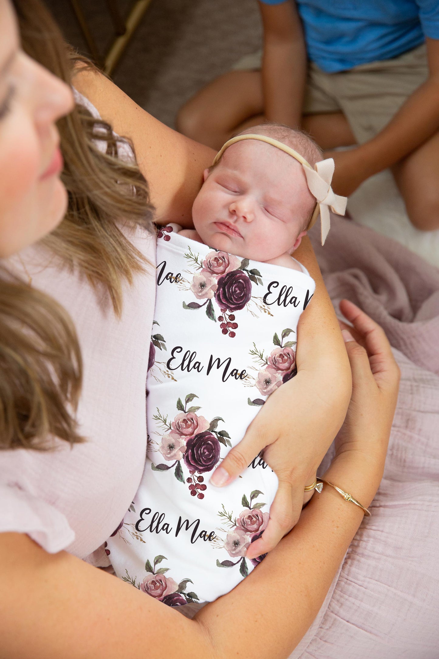 Roses Personalized Baby Swaddle Set, Floral Hospital Baby Girl Blanket - Rose Bloom