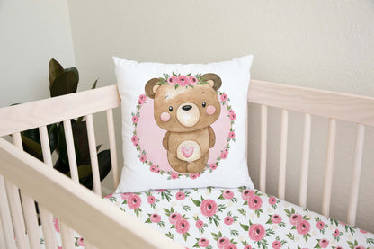 Floral Bear Pillow Cover, Woodland Nursery decor - Beary Pink