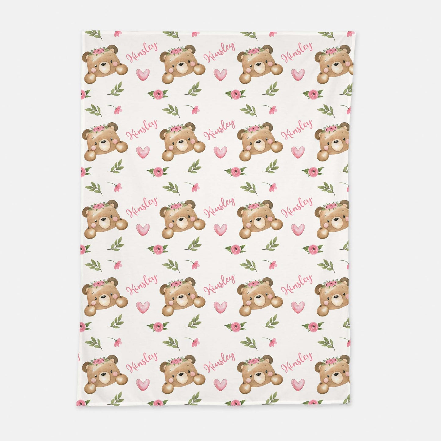 Pink Floral Personalized Baby Swaddle Set, Floral Bear Hospital Baby Girl Blanket - Beary Pink