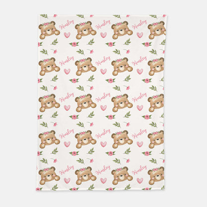 Pink Floral Personalized Baby Swaddle Set, Floral Bear Hospital Baby Girl Blanket - Beary Pink